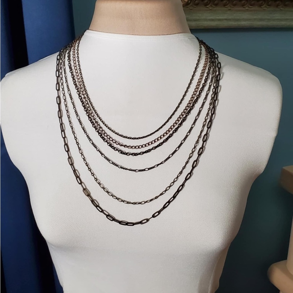 Antique Bronze Tone Long Layered Chain Necklace